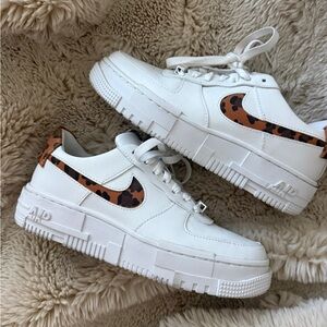 Nike White Platform Sneakers with Leopard Print Swoosh